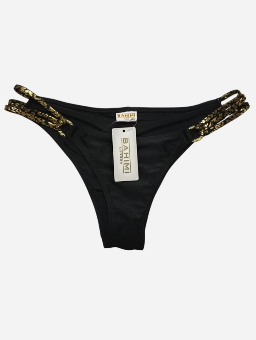 NWT Bahimi London Miami Cheeky Bikini Bottom Black & Gold Women's Large Baddie